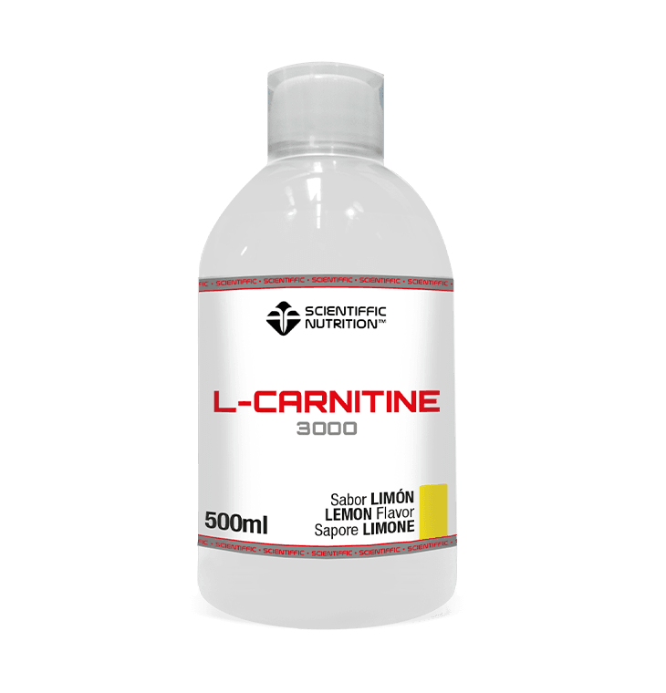Envase de "L-Carnitine 300mg"  (sabor limón) de la marca Scientific Nutrition, presentación de 500 ml.