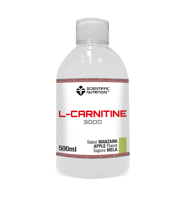 Envase de "L-Carnitine 300mg"  (sabor manzana) de la marca Scientific Nutrition, presentación de 500 ml.