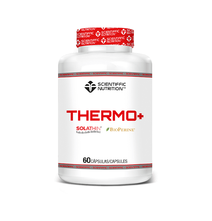 Envase de "Termo+"  de la marca Scientific Nutrition, presentación 60 caps, con Solathin® y Bioperine®.